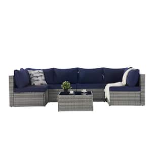7-Piece PE Wicker Outdoor Sectional Sofa Set with Navy Cushions and Tempered Glass Top Coffee Table for Patio Garden