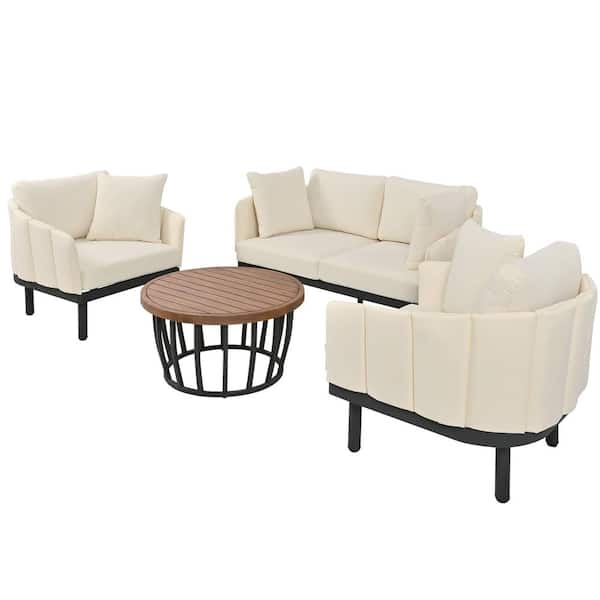 Zeus & Ruta Luxury Modern Beige 4-Piece Conversation Sofa Set and Wood Round Coffee Table for Backyard, Indoor with Beige Cushions