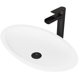 Matte Stone Wisteria Composite Oval Vessel Bathroom Sink in White with Amada Faucet and Pop-Up Drain in Matte Black