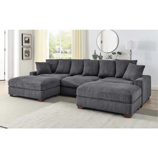 Monland 127 in. Square Arm Polyester Corduroy Upholstery U-Shaped Chaise Deep-Seated Oversized 5-Pieces Sectional Sofa in Grey