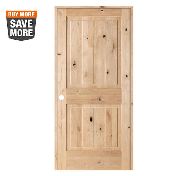 Krosswood Doors 36 in. x 80 in. Knotty Alder 2 Panel Square Top V-Groove Solid Wood Right-Hand Single Prehung Interior Door