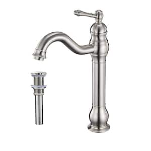 Single Hole Single Handle Waterfall Tall Body Vessel Sink Faucet with Pop Up Drain in Brushed Nickel