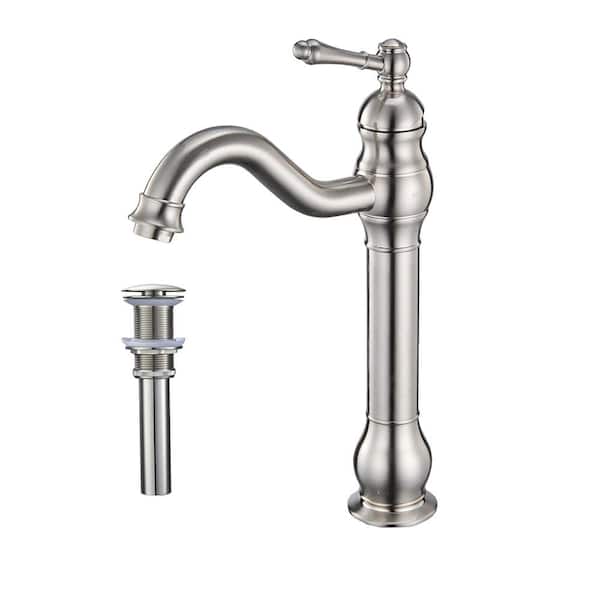 KINWELL Single Hole Single Handle Waterfall Tall Body Vessel Sink Faucet with Pop Up Drain in Brushed Nickel