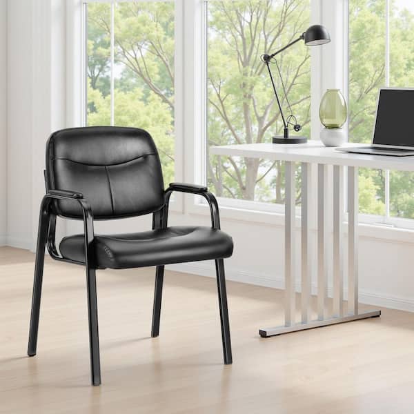 PU Leather Cushioned Guest Chair in Black with Padded Arms for Reception Conference Room, No Wheels (Set of 1)