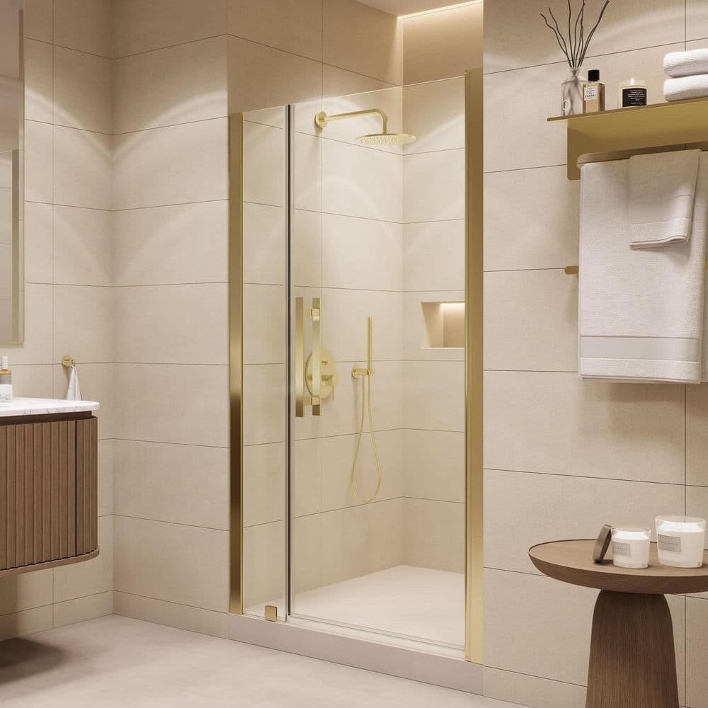 Pasadena 39 7/16 in. to 41 3/8 in. W x 72 in. H Pivot Alcove Frameless Shower Door in Brushed Gold price history on PriceWatchPro