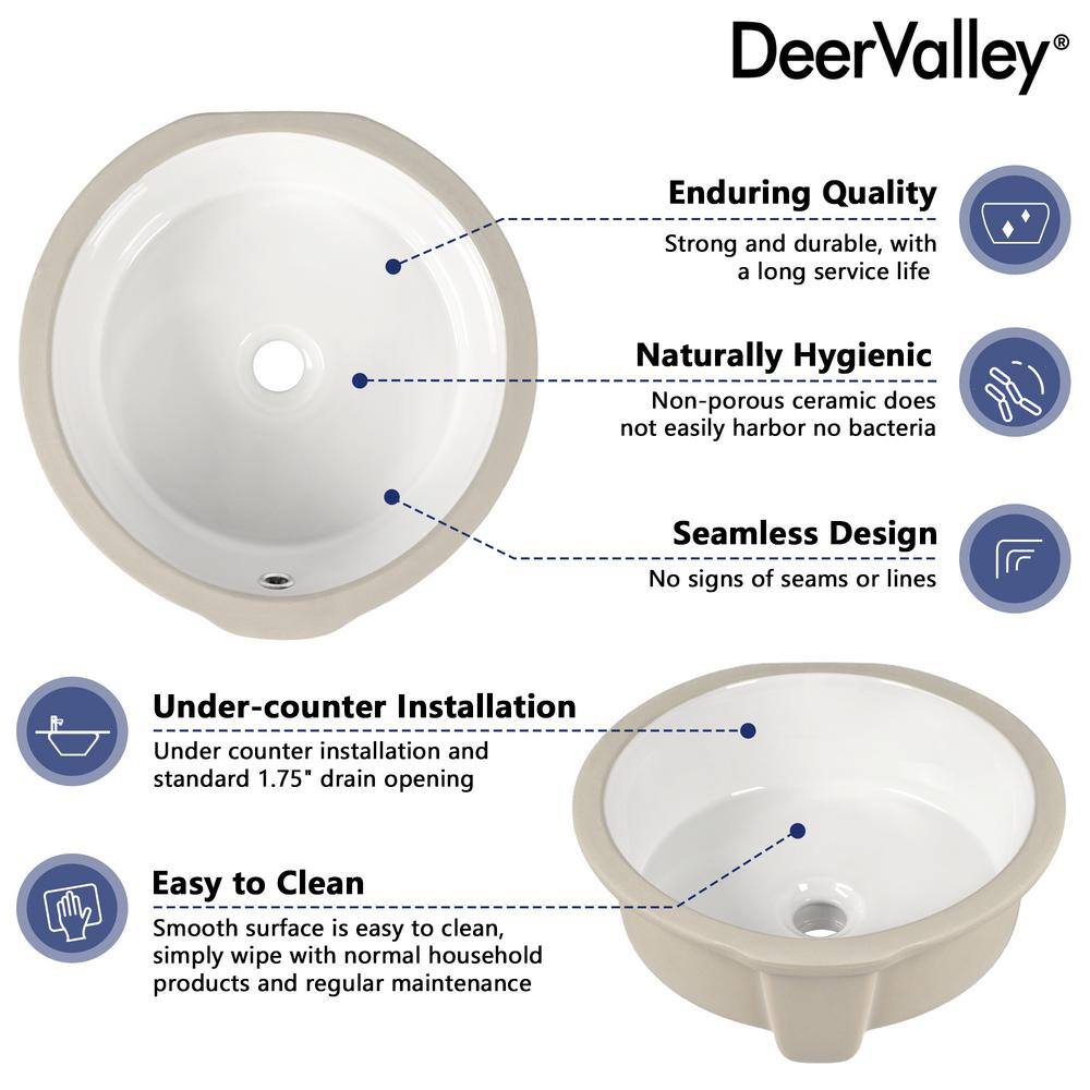 16" White Ceramic Round Undermount Bathroom Sink with Overflow