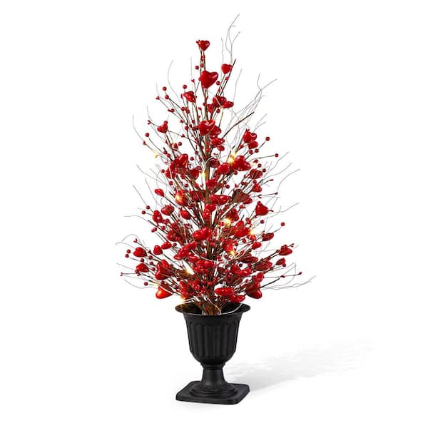 36 in. H Valentine's Lighted Red Berry Heart Urn Porch Tree, with Timer
