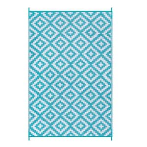 5 ft. x 8 ft. Outdoor Reversible Durable Waterproof Plastic Straw Area Rug for Patio and Camping, Blue and White