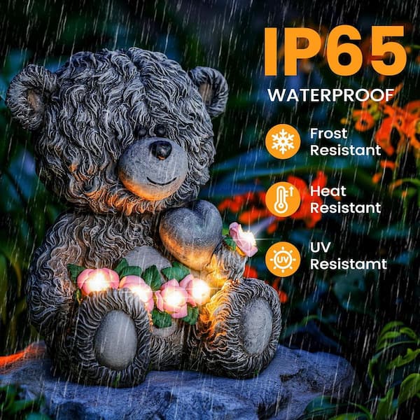 Solar Garden Outdoor Statues Bear with Heart and Pink Flower and 5
