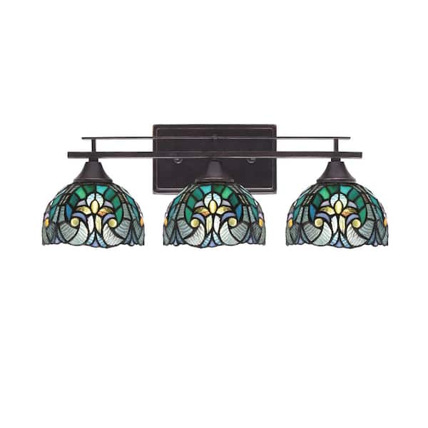 Unbranded Ontario 21.5 in. 3-Light Vanity Light Dark Granite Turquoise Cypress Art Glass Shade