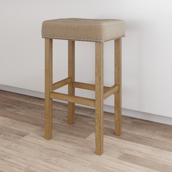 Nathan James Hylie 29 in. Natural Flax Nailhead Saddle Cushion Light Brown Wood Pub-Height Counter Bar Stool