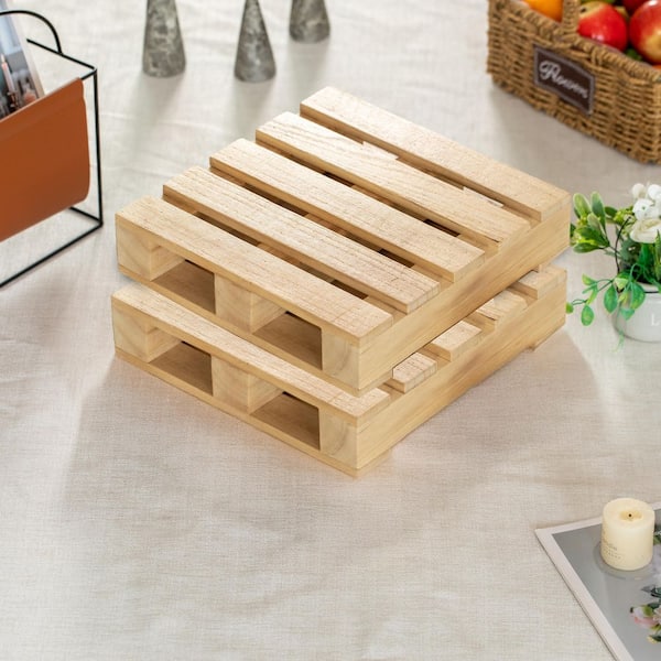13 in. Set of 2 Rustic Wooden Pallet Display Stands Natural Wood Risers for Home Decor, Centerpiece, Candle, Beige