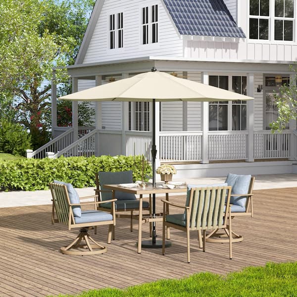 ChillPavilion Sunset Retreat 5-Piece Aluminum Outdoor Dining Set with Swivel Chairs and Blue Cushions
