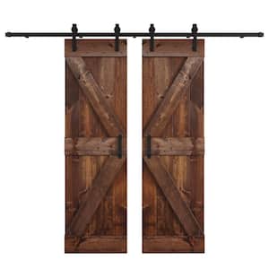 K Series 60 in. x 84 in. Dark Walnut DIY Knotty Wood Double Sliding Barn Door with Hardware Kit