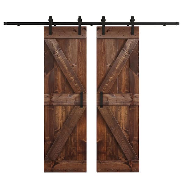 COAST SEQUOIA INC K Series 60 in. x 84 in. Dark Walnut DIY Knotty Wood Double Sliding Barn Door with Hardware Kit