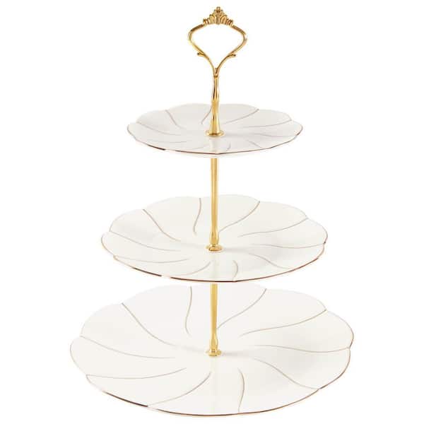 3-Tier Elegant White Porcelain Cake Stand with Gold Trim for Tea Parties and Dessert Display