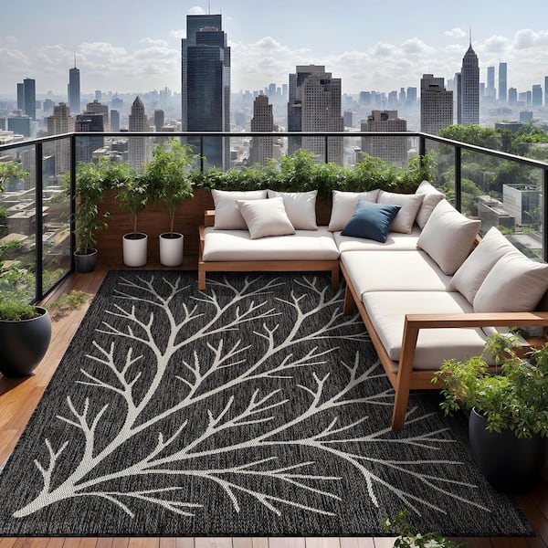 Flora Dark Gray 5 ft. x 7 ft. Coral Branch Washable Indoor Outdoor Area Rug