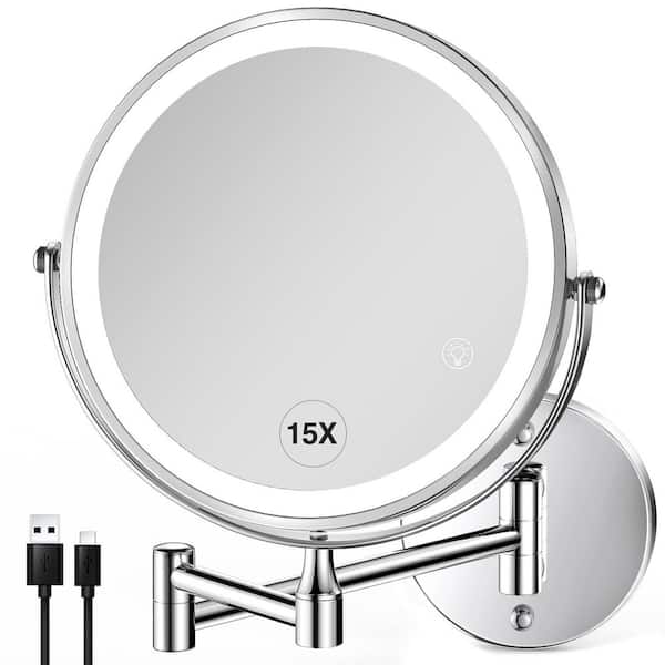 8.5 in. W x 8.5 in. H Round 1X/15X Magnify 3-Colors LED Wall-Mount Bathroom Makeup Mirror with Battery in Chrome