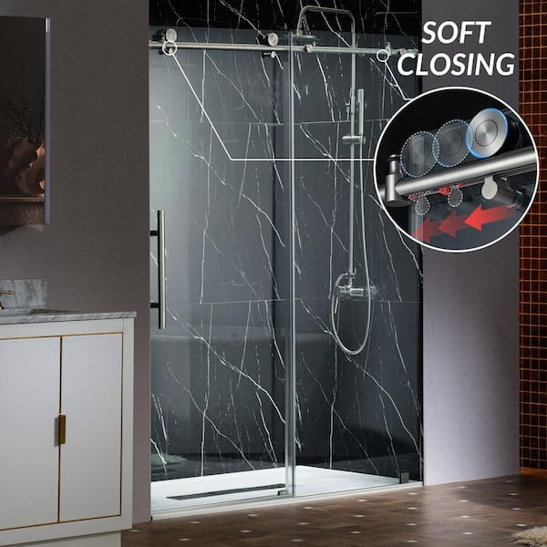WOODBRIDGE 48 in. W x 76 in. H Sliding Frameless Shower Door with Soft Close System and 3/8 in. Clear Glass in Brushed Nickel