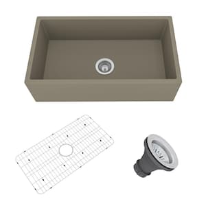33 in. Farmhouse/Apron-Front Single Bowl Taupe Clay Cement Kitchen Sink with Drain Grid and Drain