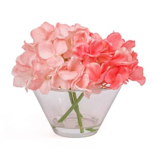 8 in. Artificial Floral Arrangements Hydrangea with Acrylic Water in Glass- Color: Coral