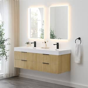 Livia 60 in. W Double Sink Floating Bath Vanity in Nature Brown with White Stone Top and Mirror