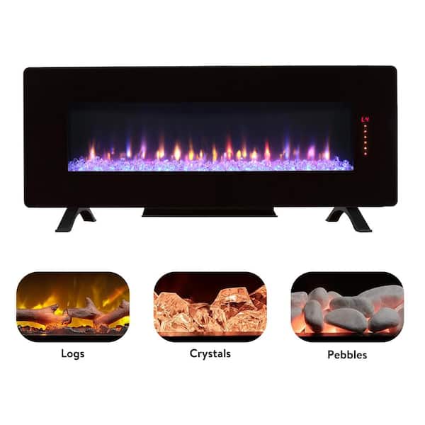 48 in. Curved Front Wall Mounted Electric Fireplace with Remote and Multi Color Flame and Emberbe in Antique Black