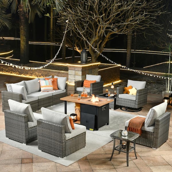 Toject Sanibel Gray 11-Piece Wicker Outdoor Patio Conversation Sofa Set with a Storage Fire Pit and Light Gray Cushions