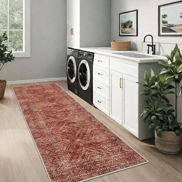 Red 2 ft. x 8 ft. Washable Vintage Distressed Bohemian Style Polyester Area Rug