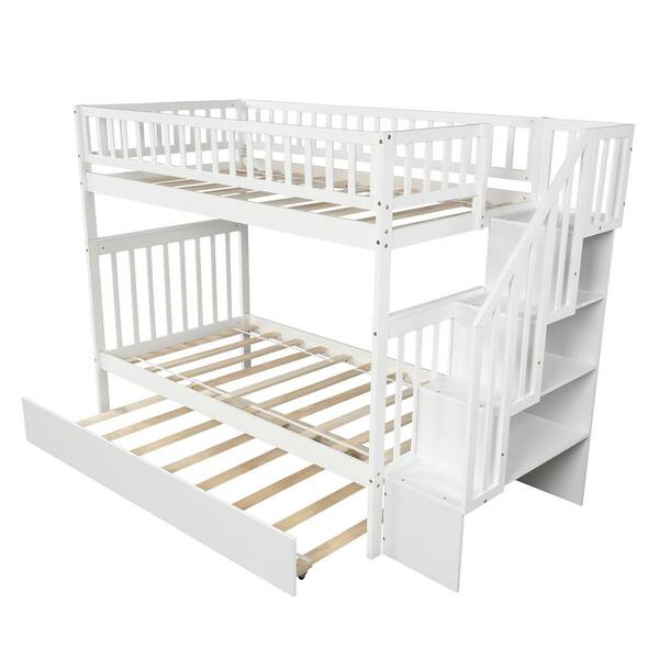 STICKON White Twin over Twin Size Bunk Bed with Trundle and Storage