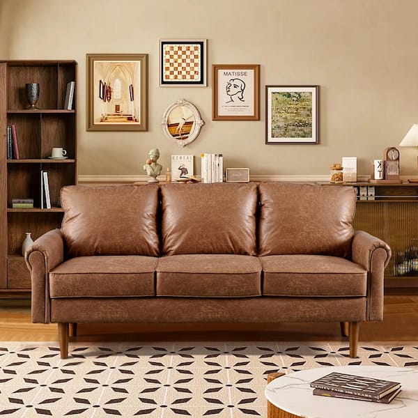 Allwex Magic 73 in. Rolled Arm Suede Faux Fabric Rectangle Modern 3-Seater Compact Straight Sofa in Light Brown