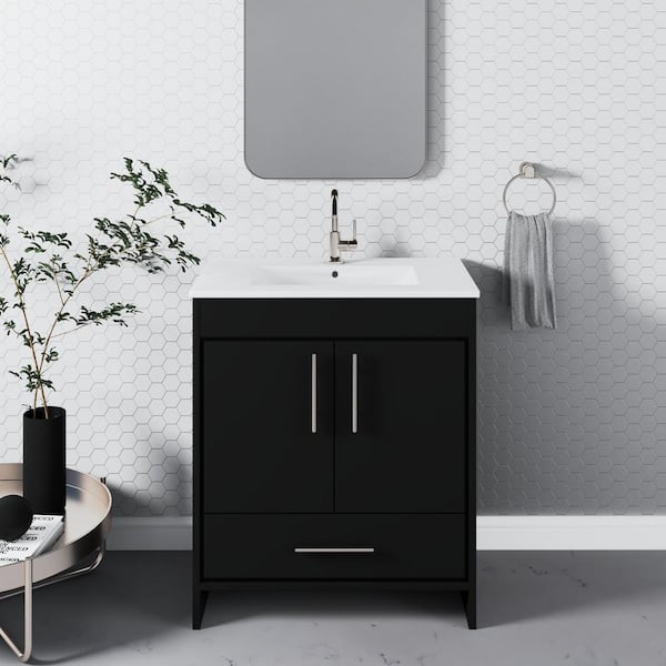 VOLPA USA AMERICAN CRAFTED VANITIES Pacific 30 in. x 18 in. D Bath Vanity in Black with Ceramic Vanity Top in White with White Basin