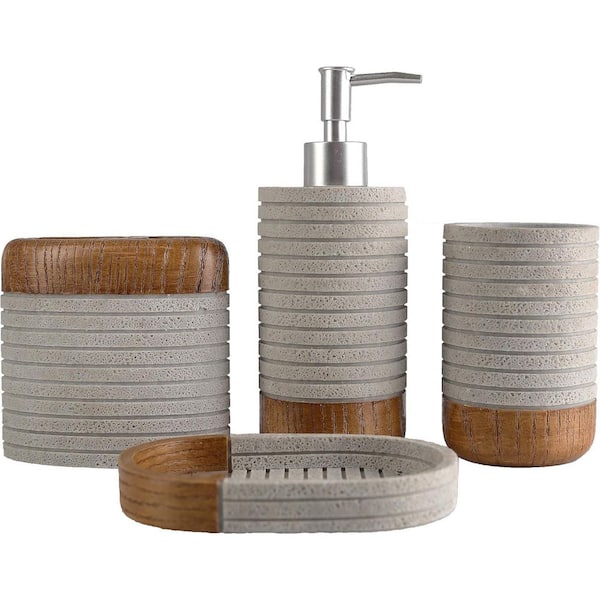 4-Piece Bathroom Accessory Set with Toothbrush Cup, Soap Dispenser, Soap Dish and Tumbler in Stripe Gray
