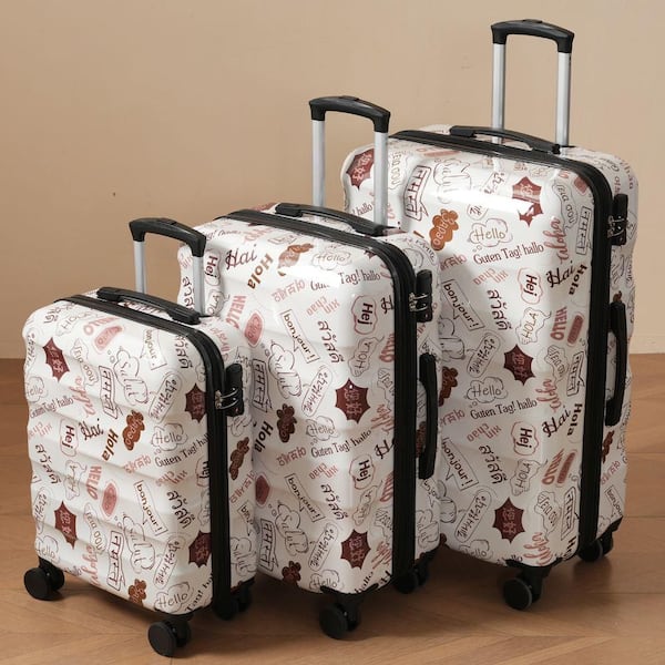 Vibrant Glossy 3 Bags 3-Piece White Expandable PC+ABS Hardshell Spinner Luggage Set with TSA Lock, Side Bumper Feet