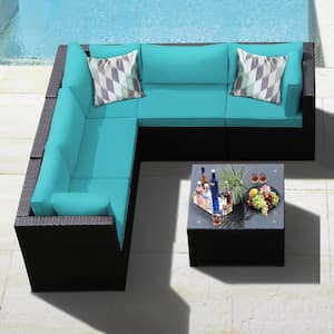 6-Piece Wicker Rattan Patio Outdoor Sectional Set Sofa Conversation Set with Turquoise Cushions