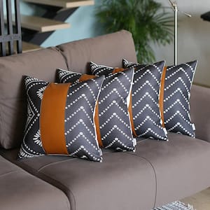 Bohemian Handmade Vegan Faux Leather Brown 17 in. x 17 in. Square Abstract Geometric Throw Pillow (Set of 4)