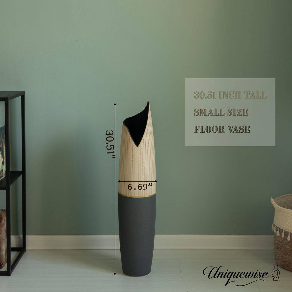 Sleek Handcrafted Ceramic Floor Vase - Beige Polka Dot & Black