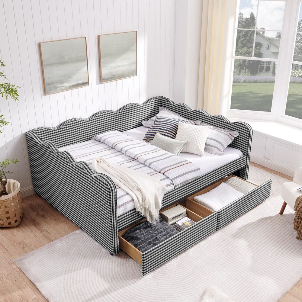 Corland Modern Black Gingham Linen Upholstered Queen Size Daybed with Drawers and USB Port, Adorable Wave Shaped price history on PriceWatchPro