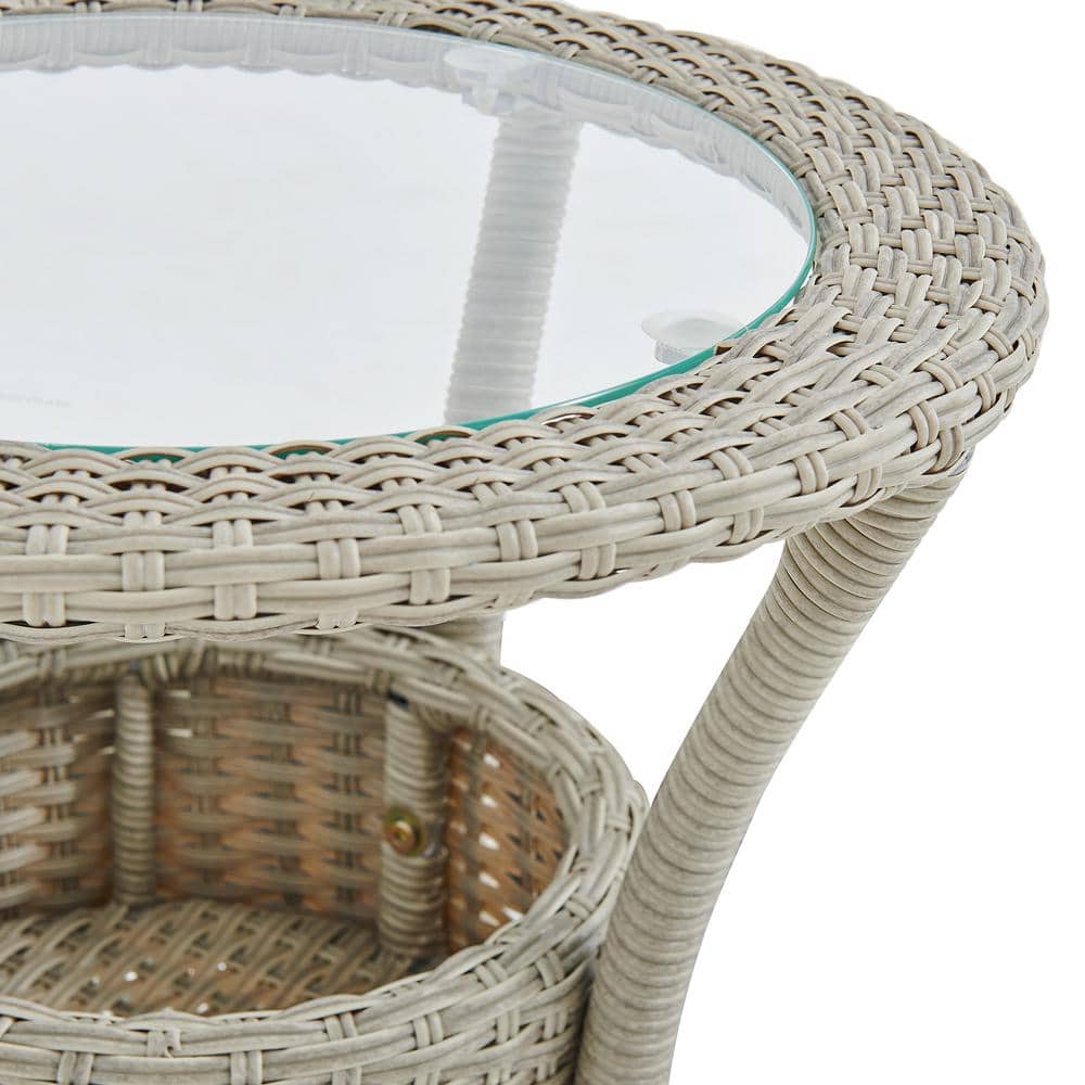 Beige Round Wicker Outdoor Accent Table with Glass Top and Storage