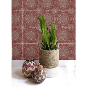 Mandala Boho Tile Cabernet and Aloe Green Rustic Paper Strippable Roll (Covers 56.05 sq. ft.)