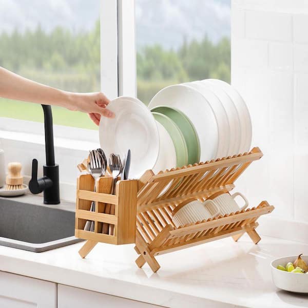 Lynzavix Natural Finish 2-Tier Collapsible Bamboo Dish Drying Rack