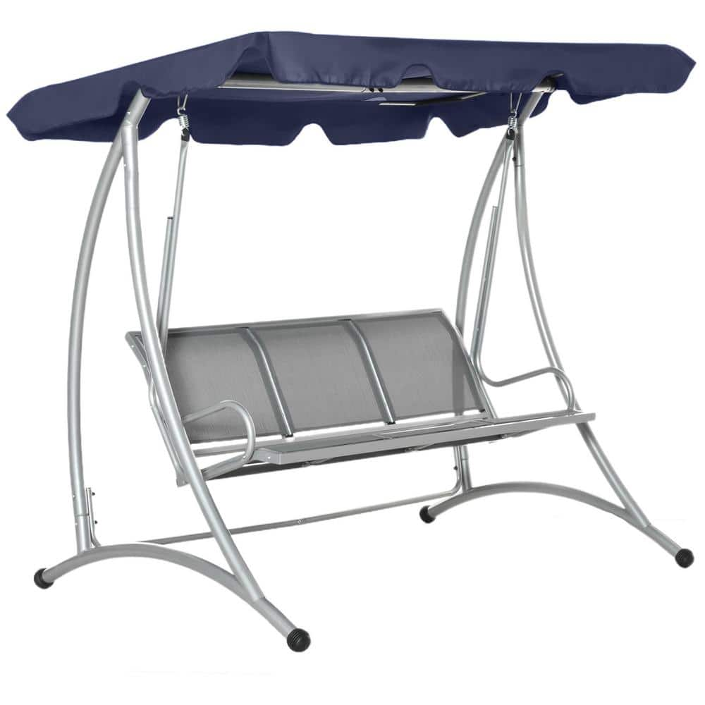 3 Person Dark Blue Metal Patio Swing Seats, Porch Swing with Stand and Adjustable Canopy -  Outsunny, 84A-053DB