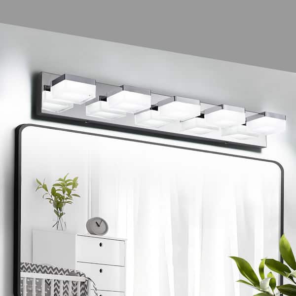 32 in. Modern 5 LED Chrome Vanity Light with Sconce for Bathroom and Mirror, Sleek Minimalist Design