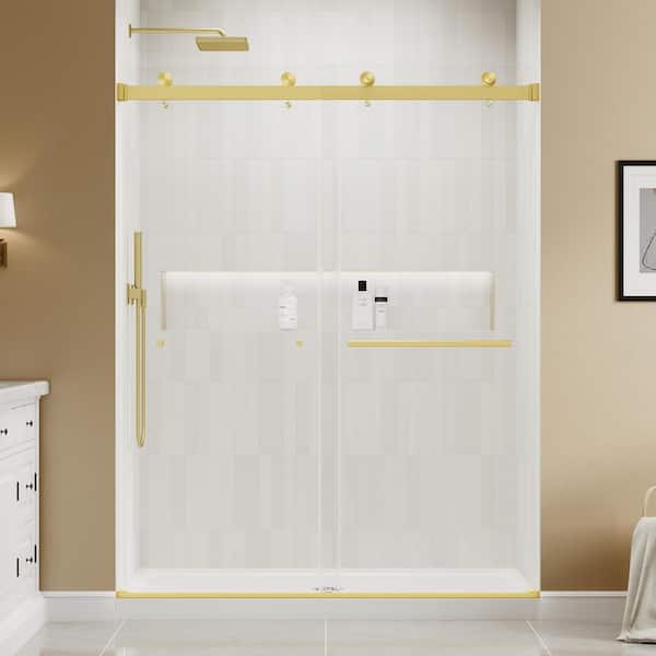 49-54 in. W x 76 in. H Double Sliding Frameless Shower Door in Brushed Gold with Clear Glass