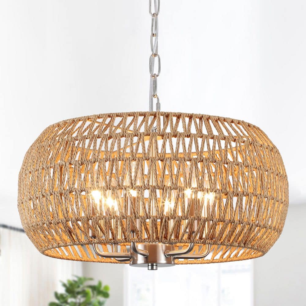 18.89 in. 6-Light Nickel Round Drum Hemp Rope Rattan Boho Chandelier with Brown Hemp Rope Shade for Foyer Dining Room price history on PriceWatchPro