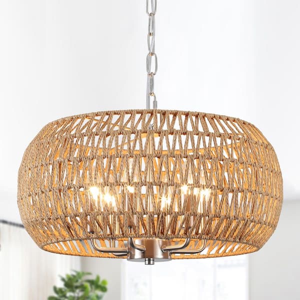 18.89 in. 6-Light Nickel Round Drum Hemp Rope Rattan Boho Chandelier with Brown Hemp Rope Shade for Foyer Dining Room