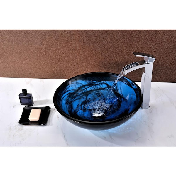 ANZZI - Thalu Series 17 in. Bathroom Vessel Sink with Scratch-Tough and Stain-Resistant Surface in Sapphire Wisp Glass