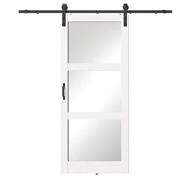 36 in. x 84 in. 3 Lite, Two-sided Mirrored Glass MDF White Sliding Barn Door with Hardware Kit, Need to Assemble