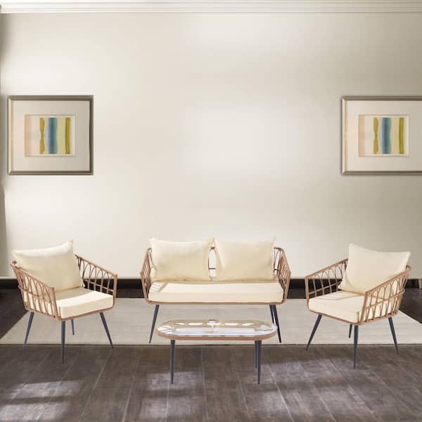 AUTMOON 4-Piece Wicker Outdoor Garden Patio Conversation Set with Beige Cushions