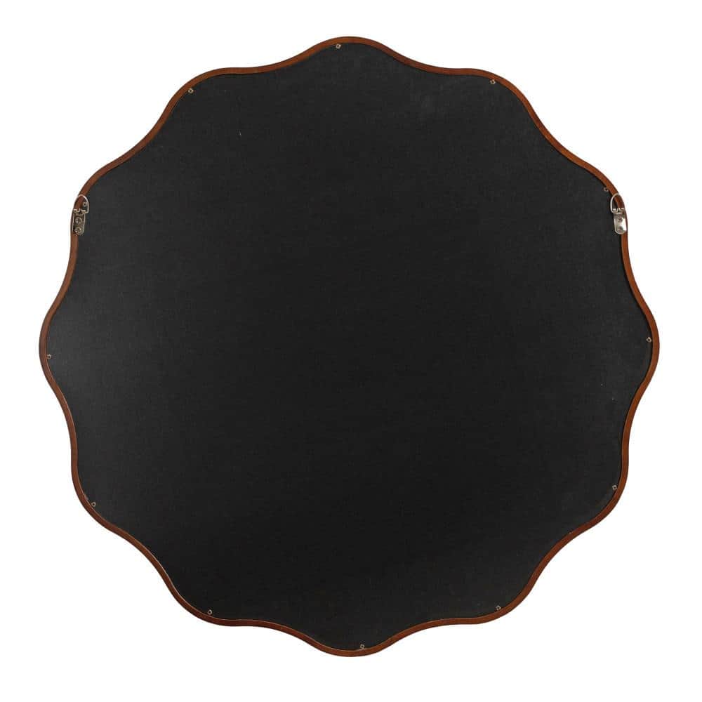 Walnut Brown 30" Round Scalloped Wood Vanity Mirror